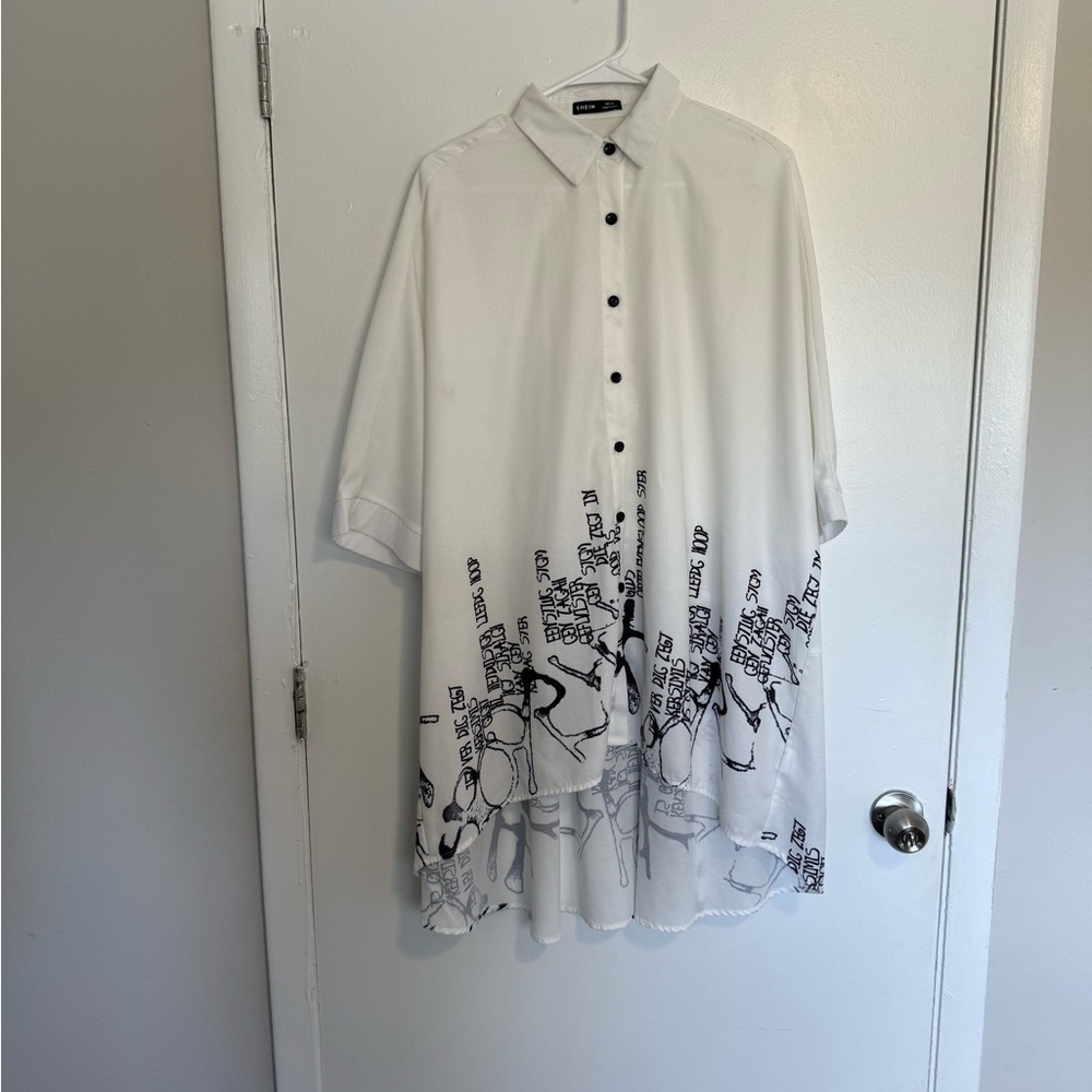 Short front long back, long sleeve loose button up shirt